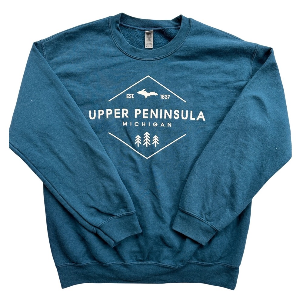 Gildan Upper Peninsula Michigan Sweatshirt Medium Teal Blue Excellent Graphic